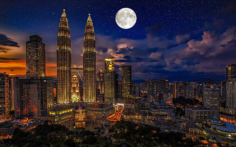 Petronas Twin Towers moon, Kuala Lumpur, skyscrapers, nightscapes, Malaysia, Petronas Towers, Asia, Kuala Lumpur at night, HD wallpaper