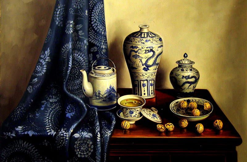 Delft Beauty, walnuts, ginger jar, teapot, delft china, blue drapery, vase, teacup, bowl, HD wallpaper