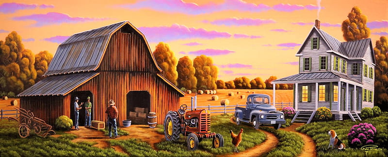 Heartland, autumn, house, tractor, sunset, trees, artwork, barn, hen, farm, people, car, painting, dog, HD wallpaper