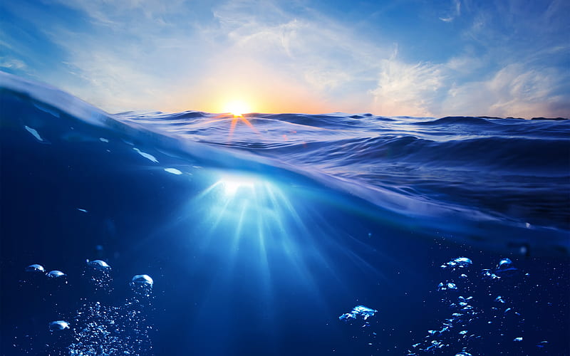 ocean waves, underwater, sunset, sea, HD wallpaper