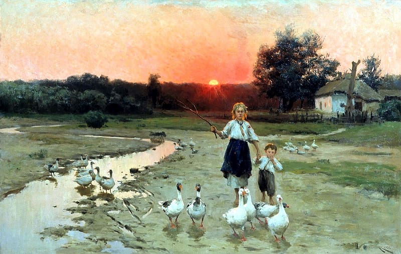 Evening by Nikolai Pimonenko, nikolai pimonenko, sunset, evening, child, copil, art, rural life, girl, goose, painting, pictura, HD wallpaper