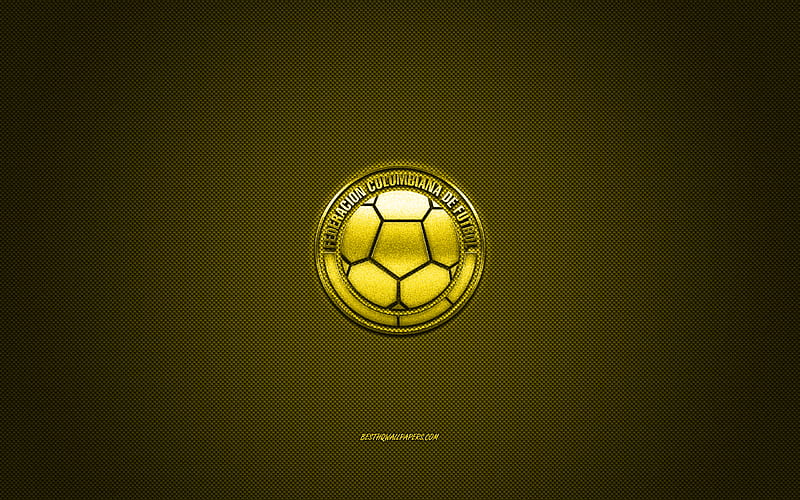 Colombia national football team, emblem, yellow logo, yellow carbon fiber background, Colombia football team logo, football, Colombia, HD wallpaper