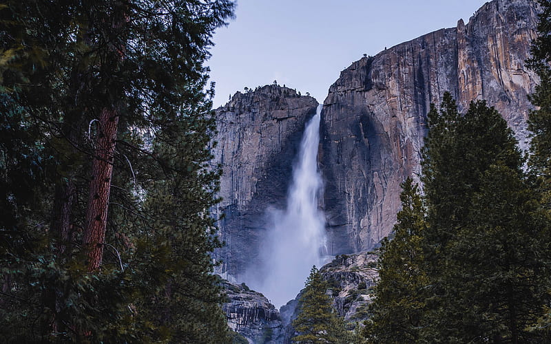 mountain waterfall, sunset, Yosemite Valley, evening, mountain landscape, Canada, waterfall, HD wallpaper
