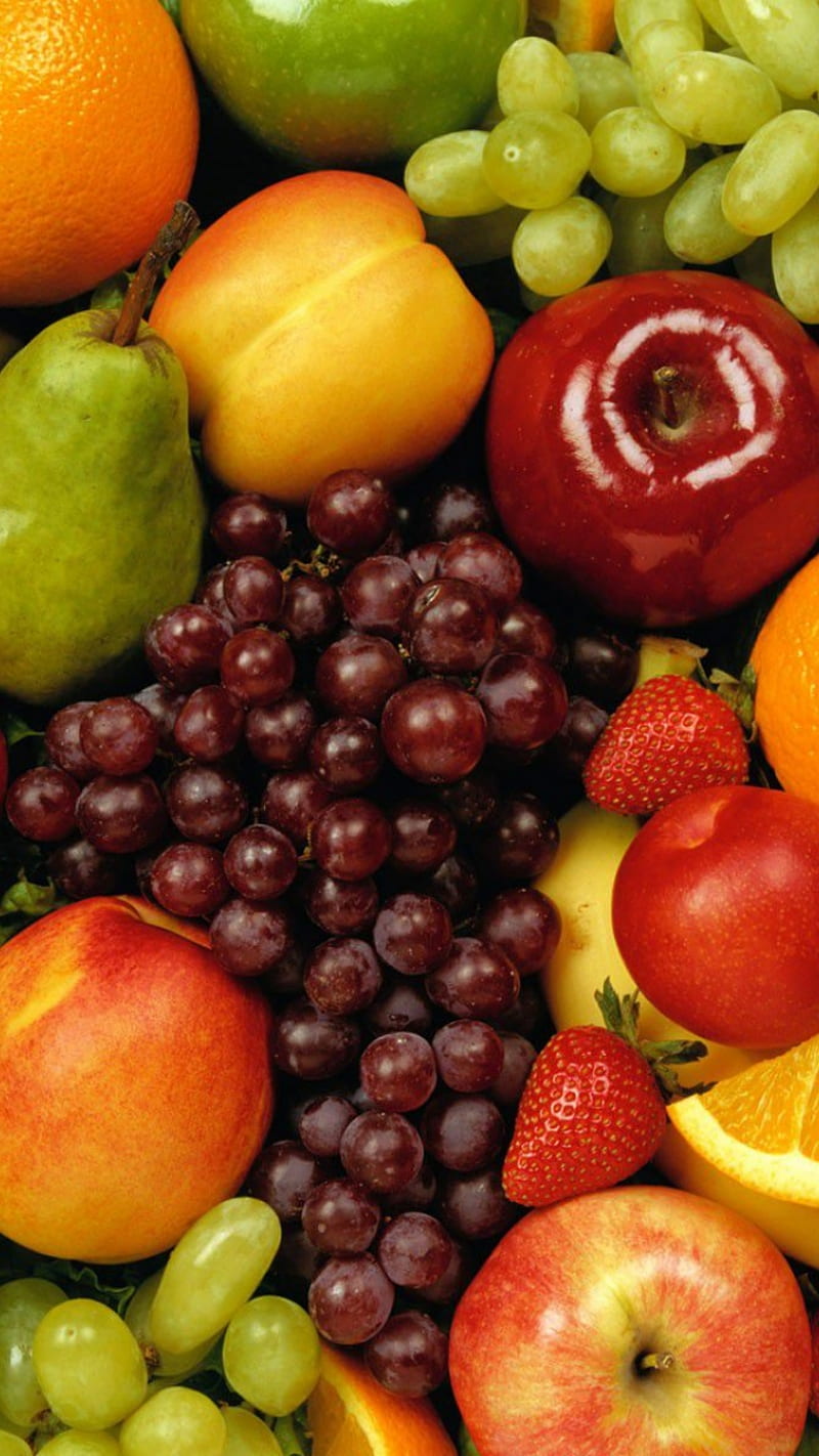 Fruits, apple, fit, fresh, grape, green, health, orange, pear, red, strawberry, HD phone wallpaper