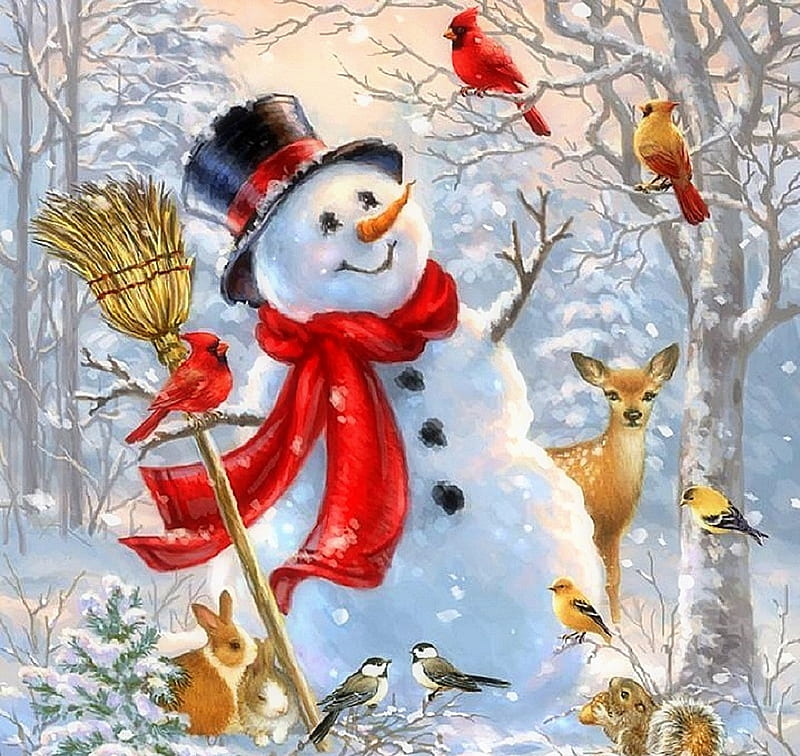 Sing a Joyful Song, Christmas, squirrel, holidays, love four seasons, birds, attractions in dreams, snowman, xmas and new year, deer, winter, cardinals, paintings, snow, winter holidays, rabbits, animals, HD wallpaper