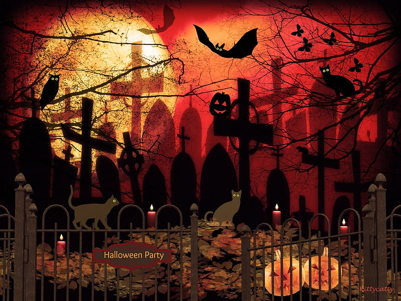 ☻ Red Halloween ☻ , bats, moth, moon, darkness, graveyard, red halloween, night, gate, owl, halloween party, tombstones, butterflies, trees, cat, candles, rat, cats, halloween scary, pumpkins, HD wallpaper
