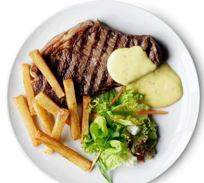 Steak dinner, dinner, frites, food, steak, salad, HD wallpaper