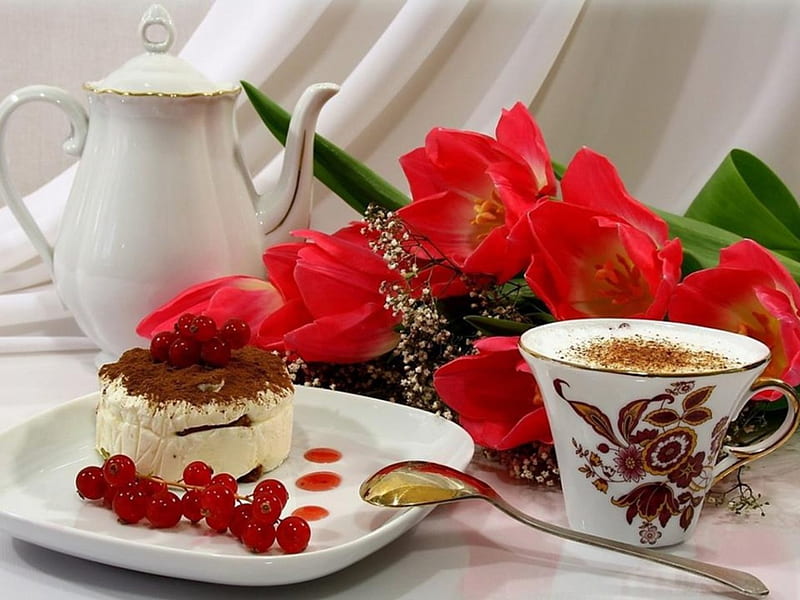 I love it, red, still life, graphy, coffee, flowers, beauty, white, HD wallpaper