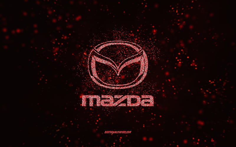 Mazda glitter logo, , black background, Mazda logo, red glitter art, Mazda, creative art, Mazda red glitter logo, HD wallpaper