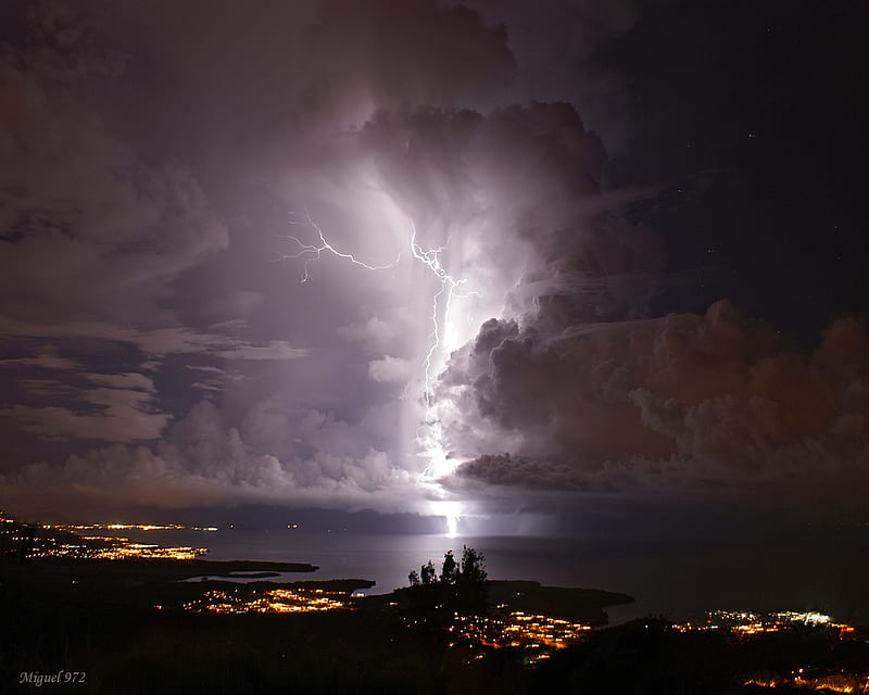Thunderstorm, Martinique, lightning, dark, clouds, storm, lights, HD wallpaper