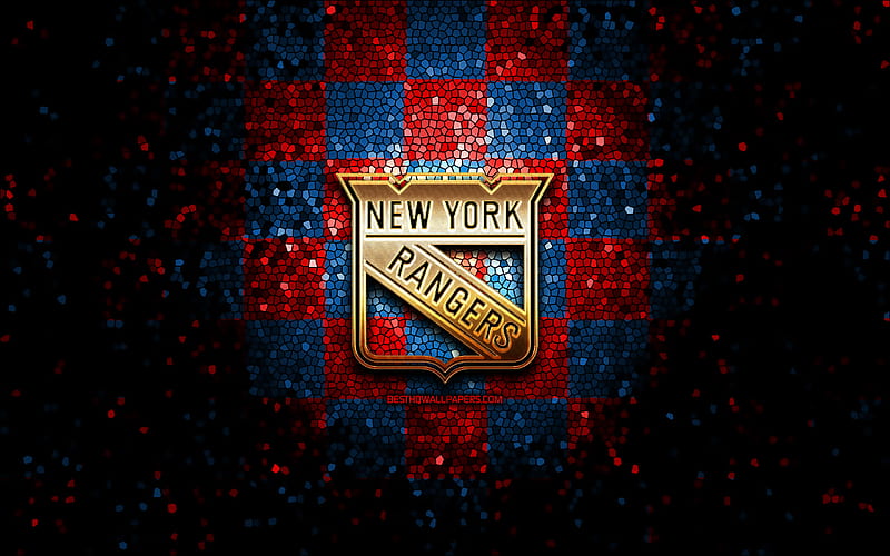 New York Rangers, glitter logo, NHL, red blue checkered background, USA, american hockey team, New York Rangers logo, mosaic art, hockey, America, NY Rangers, HD wallpaper