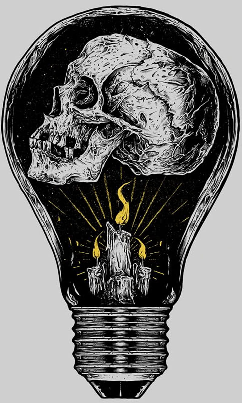 skull, black, bulb, candle, desenho, drawn, flame, white, yellow, HD phone wallpaper