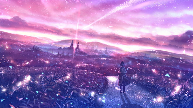 Anime landscape, polychromatic, anime girl, scenery, sky, particles, Anime,  HD wallpaper | Peakpx