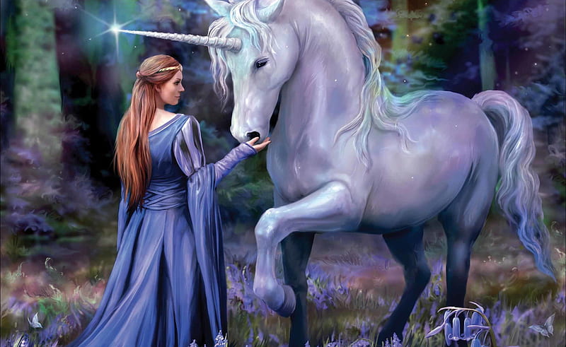 Girl and unicorn, art, anne stokes, fantasy, luminos, girl, unicorn, white, blue, HD wallpaper