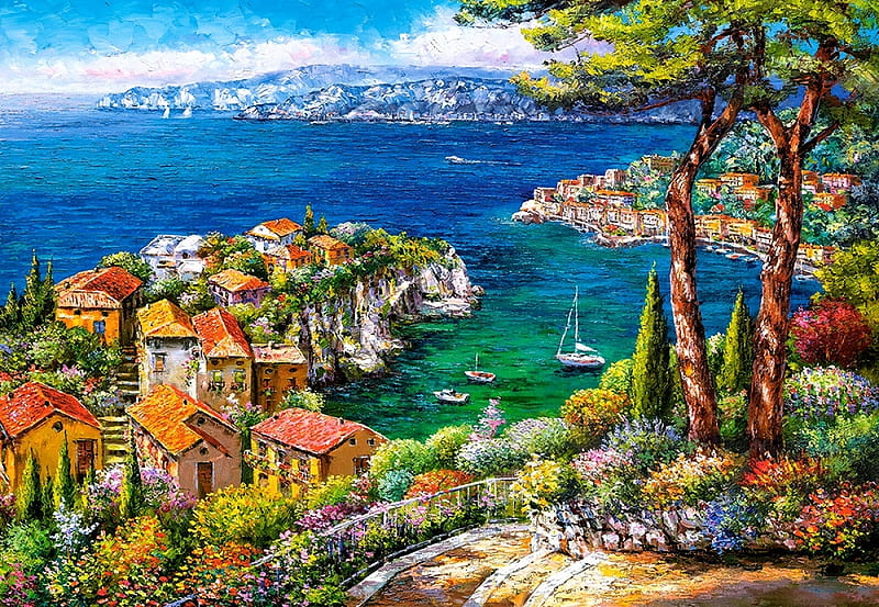 Cote d'Azur, coast, sea, france, painting, village, trees, artwork, HD wallpaper