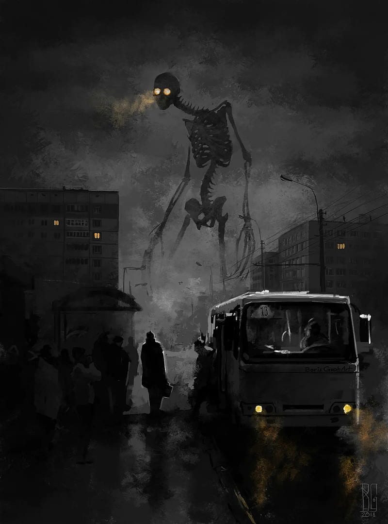 creepy, creature, giant, skeleton, city, car, artwork, horror, dark, vehicle, HD phone wallpaper