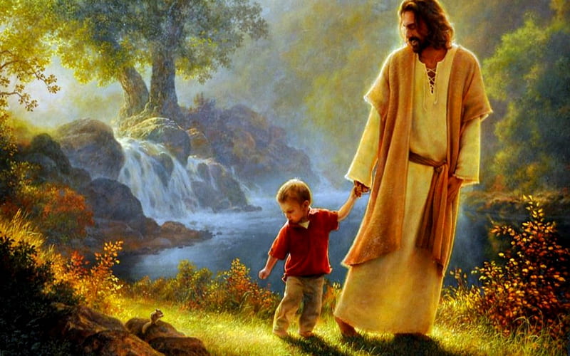 Jesus And Little Boy Walking In Garden, Boy, Chipmunk, Tree, Waterfall, Jesus, Nature, HD wallpaper
