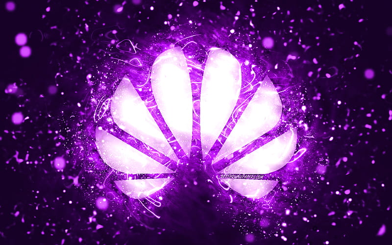Huawei violet logo, violet neon lights, creative, violet abstract background, Huawei logo, brands, Huawei, HD wallpaper