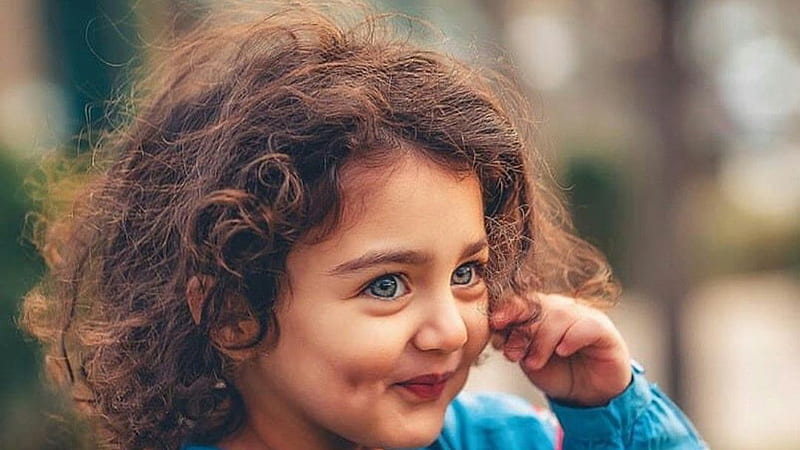 Grey Eyes Smiley Cute Little Girl Is Wearing Blue Dress Standing In Bokeh Background Cute, HD wallpaper