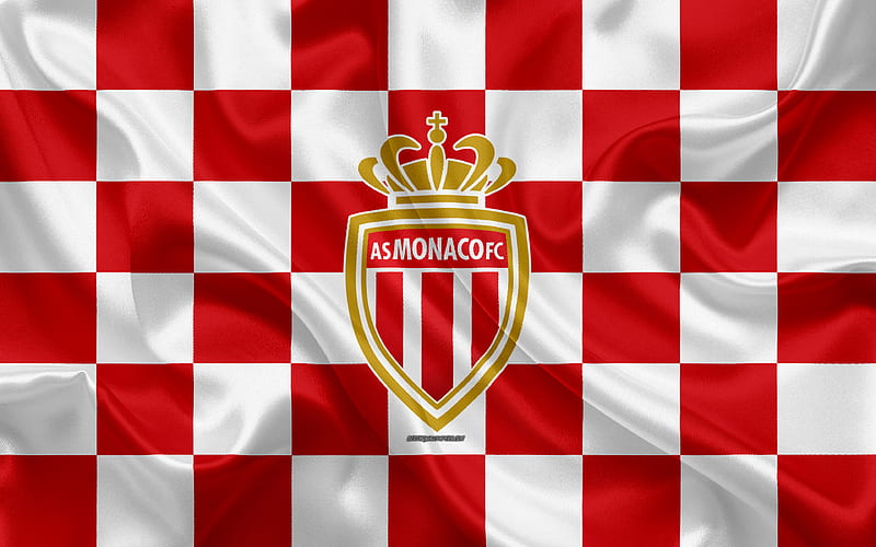 AS Monaco logo, creative art, red and white checkered flag, French football club, Ligue 1, emblem, silk texture, Monaco, France, football, Monaco FC, HD wallpaper