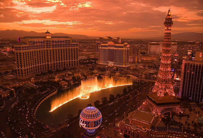Las Vegas - Bellagio Fountain And Paris Hotel, bellagio hotel, night lights, paris hotel, las vegas, HD wallpaper