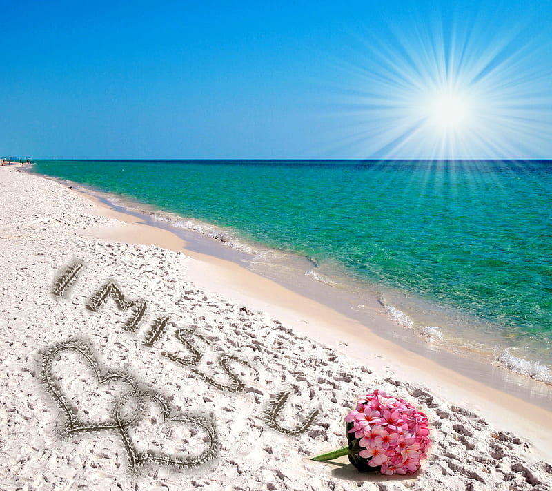 I Miss You, beach, heart, love, romantic, sand, sea, sunshine, HD wallpaper