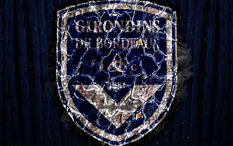 FC Girondins Bordeaux, scorched logo, Ligue 1, blue wooden background, french football club, Bordeaux FC, grunge, football, soccer, Bordeaux logo, fire texture, France, HD wallpaper