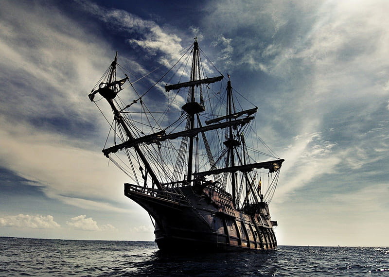 Sailing, galleon, ship, waves, clouds, sky, sea, landscape, HD wallpaper