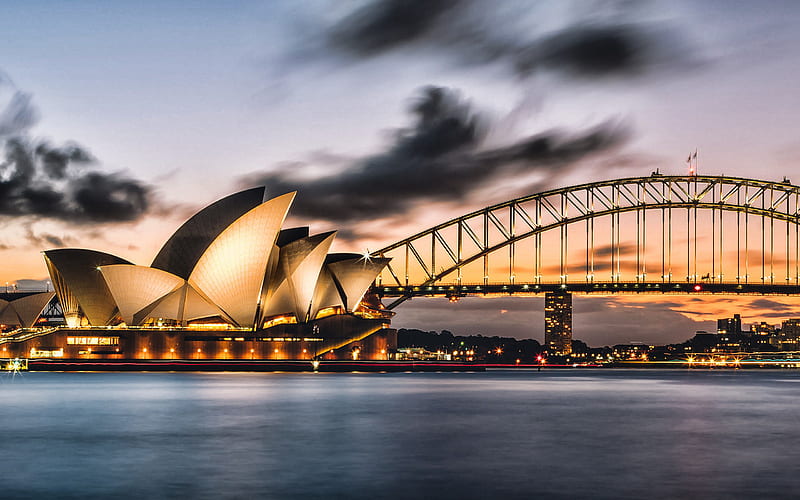 Sydney, Harbour Bridge, Sydney Opera House, evening, sunset, Sydney cityscape, arch bridge, landmark, New South Wales, Australia, HD wallpaper