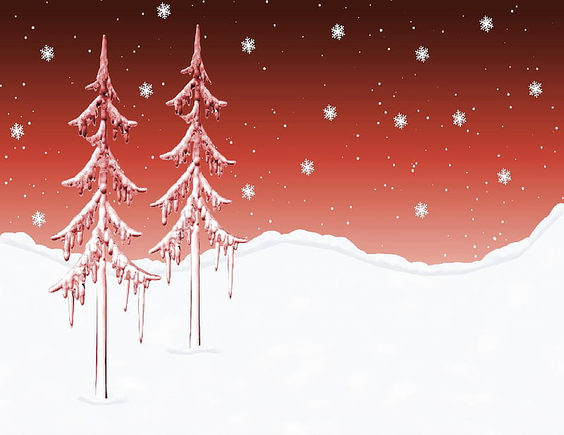 The Winter, snow, pinetrees, snowflakes, red sky, HD wallpaper