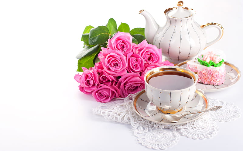 Tea Time, cake, with love, pretty, colorful, rose, bonito, cup of tea, tea, teapot, still life, graphy, flowers, beauty, for you, pink, valentines day, lovely, romantic, romance, colors, roses, set, pink roses, pink rose, bouquet, cup, nature, HD wallpaper