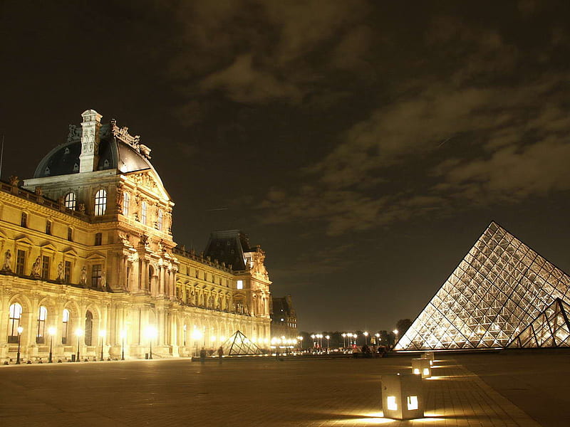 Louvre Aile Denon Pyramide de Nuit, louvre, pyramide de nuit, france, HD wallpaper