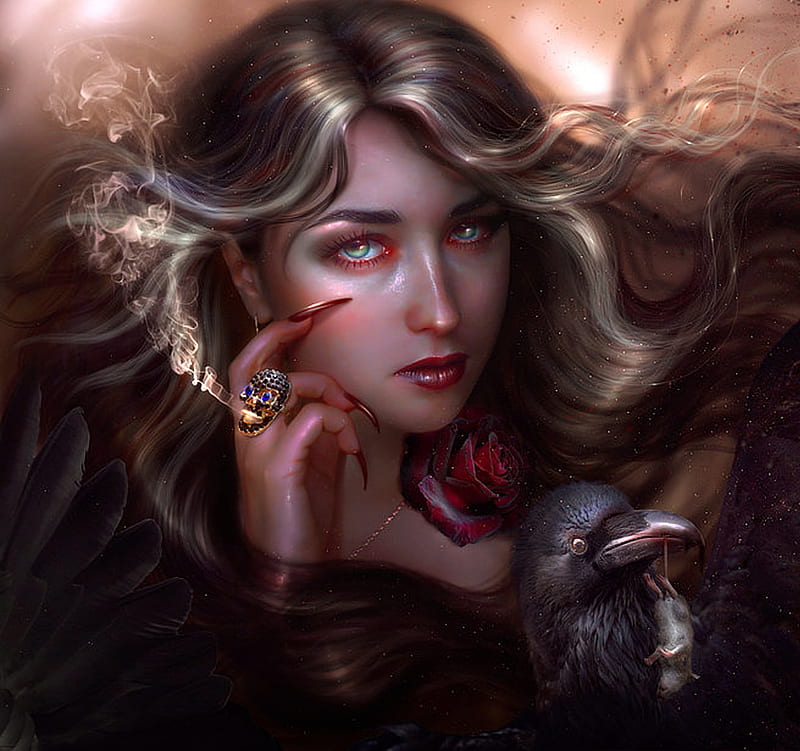 Enchantress, red, rose, sorceress, brietolga, enchantress helga, fantasy, hand, face, frumusete, raven, luminos, pasare, black, girl, bird, mouse, dark, flower, crow, HD wallpaper