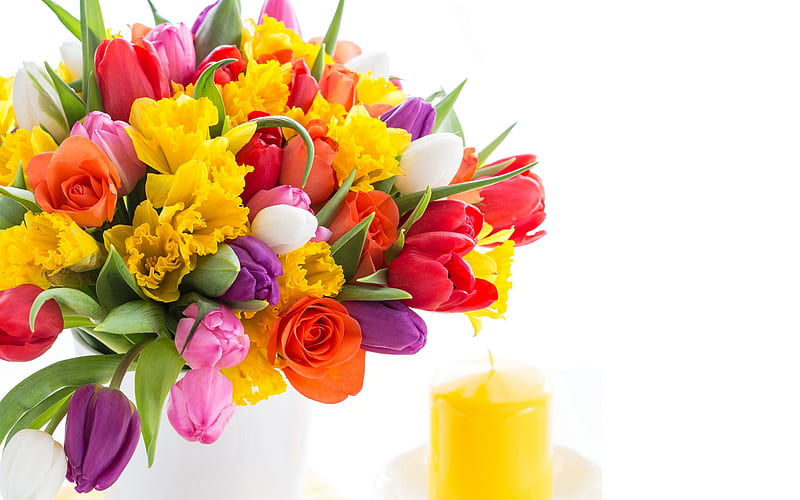 big spring bouquet, tulips, roses, beautiful multi-colored flowers, flowered background, multi-colored tulips, flowers on a white background, HD wallpaper