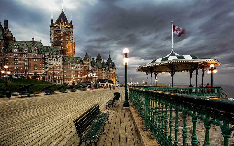 Chateau Frontenac, Quebec, Canadian flag, evening, cityscape, Lawrence River, Canada, North America, HD wallpaper