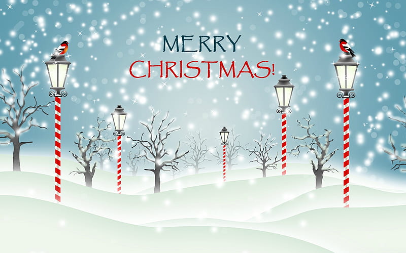 Merry Christmas, stars, Christmas, birds, trees, lamp posts, winter, snowing, snow, HD wallpaper