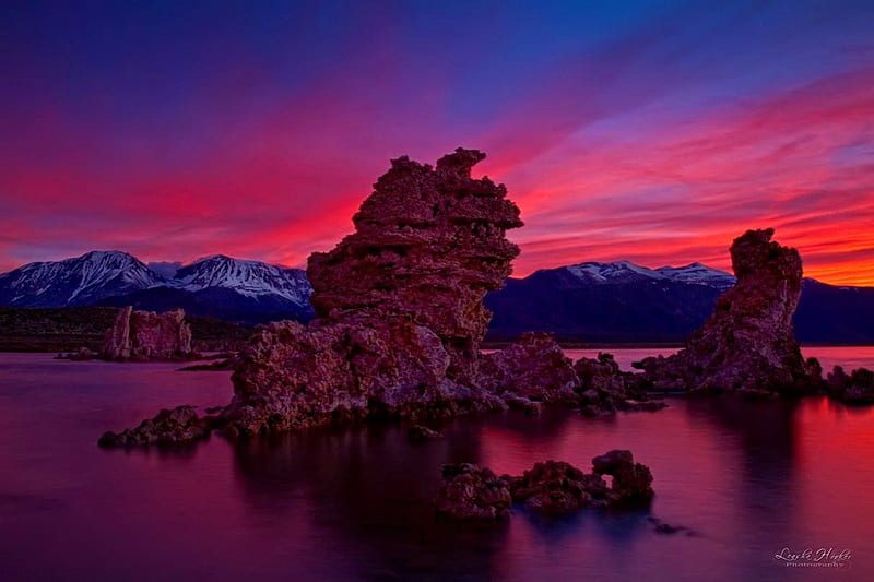 Lion of the lake, rocks, colorful, formation, dusk, bonito, sunset, mountain, nice, calm, stones, beauty, evening, reflection, gorgeous, amazing, lovely, sky, lake, lion, water, purple, nature, HD wallpaper
