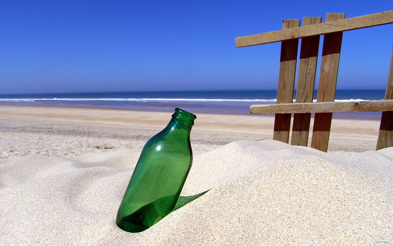 Bottle in beach, fence, beach, sand, green, bottle, hedge, sea, HD wallpaper