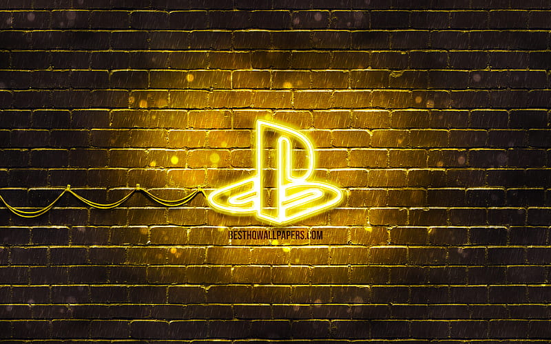 PlayStation yellow logo yellow brickwall, PlayStation logo, brands, PlayStation neon logo, PlayStation, HD wallpaper