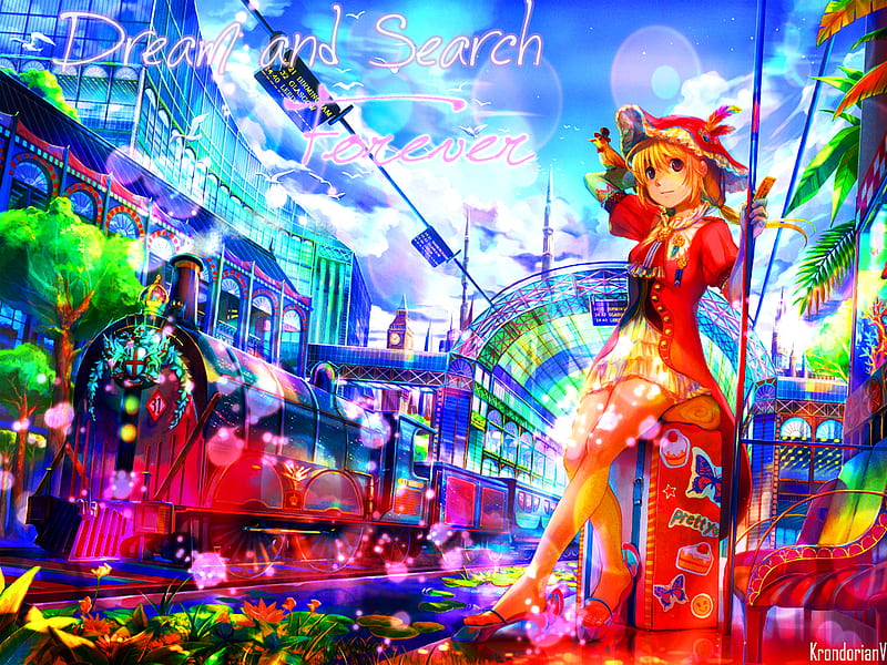 Dream and Search Forever, vehicle, dress, house, scenic, transport, plant, animal, clock tower, fantasy, city, train, anime, tower, hot, anime girl, scenery, train station, female, cloud, town, transportation, sky, sexy, hat, building, cute, tree, girl, bird, flower, scene, HD wallpaper