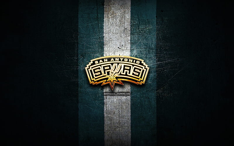 San Antonio Spurs, golden logo, NBA, blue metal background, american basketball club, San Antonio Spurs logo, basketball, USA, HD wallpaper