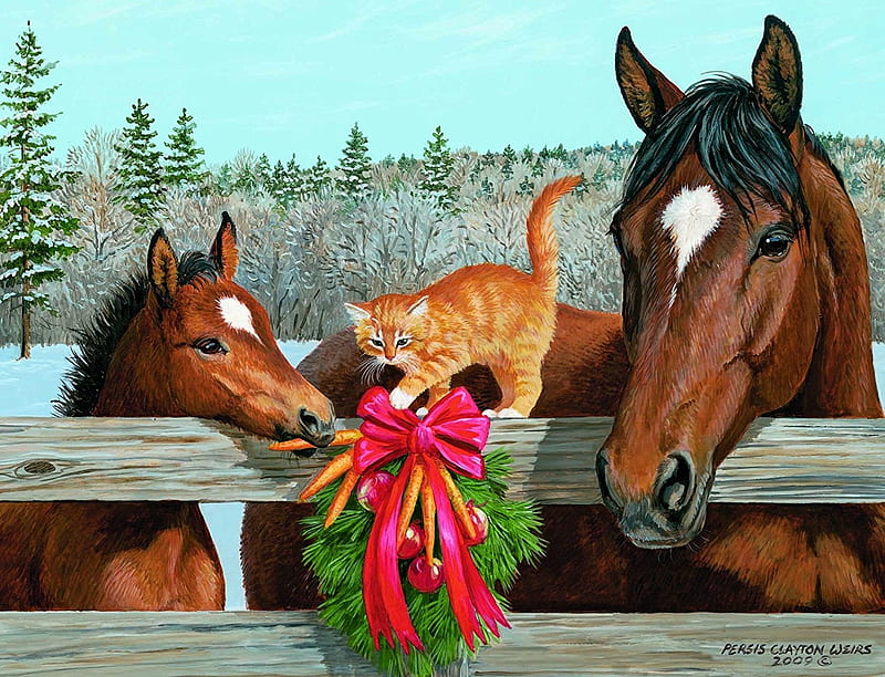 Merry Christmas!, winter, fence, art, christmas, persis clayton weirs, craciun, horse, cat, cal, painting, kitten, pictura, HD wallpaper