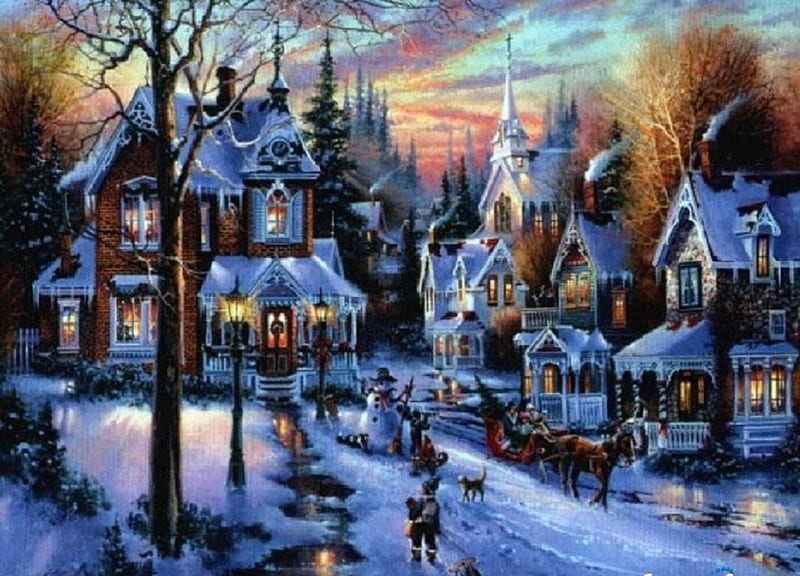 Invierno- paisaje navideño, pintura, pueblo, abstracto, paisaje, invierno,  Fondo de pantalla HD | Peakpx