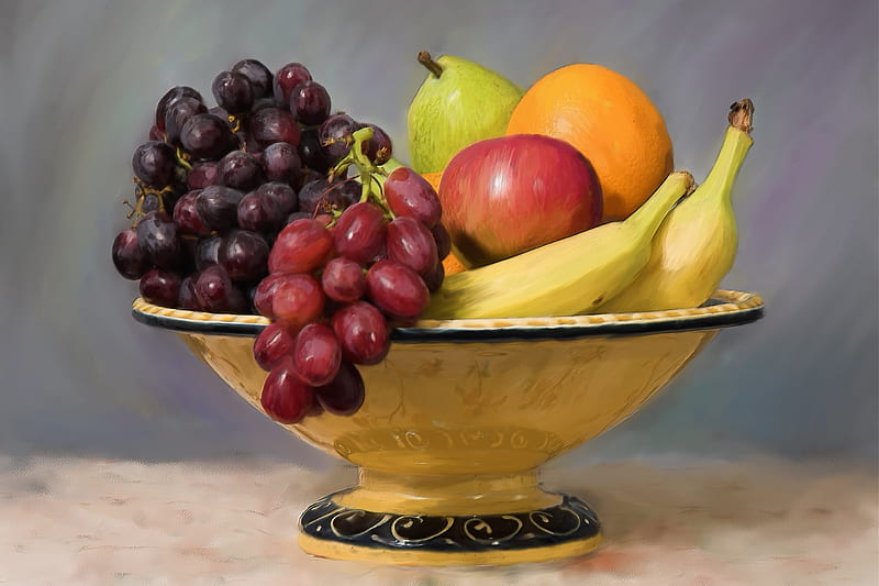 Fruit Bowl, apple, fruit, grapes, pear, orange, bananas, bowl, HD wallpaper