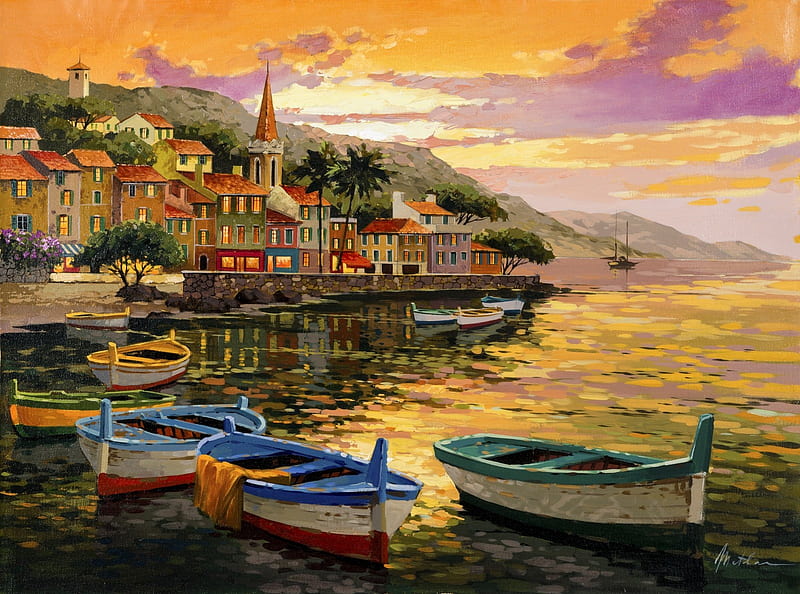 Coastal village, painting, art, boats, coast, village, HD wallpaper