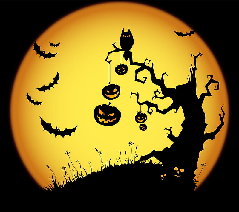 Halloween, bat, holiday, moon, pumpkin, HD wallpaper