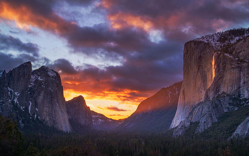 Sun setting the clouds and Horsetail Fall ablaze in Yosemite Valley, sky, valley, mountains, california, usa, colors, HD wallpaper