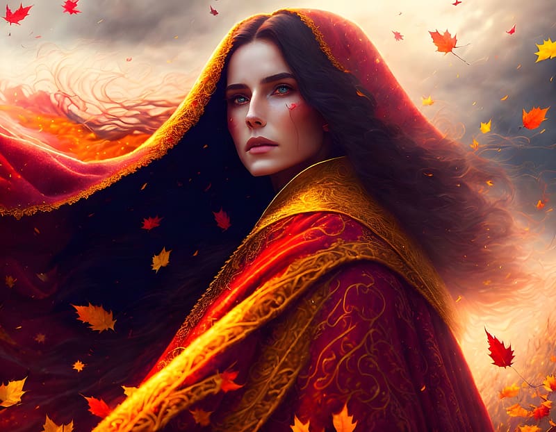 Witch, girl, orange, storm, art, wind, tari fefalas, fantasy, red, autumn, leaf, toamna, HD wallpaper