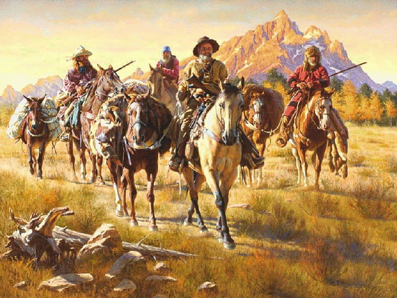 Old Wild West Hunters, raiders, wild west, animals, horses, HD wallpaper