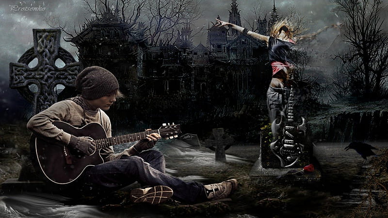 Music Sadness, sadness, cemetery, music, winter, boy, guitar, snow, darkness, grief, HD wallpaper